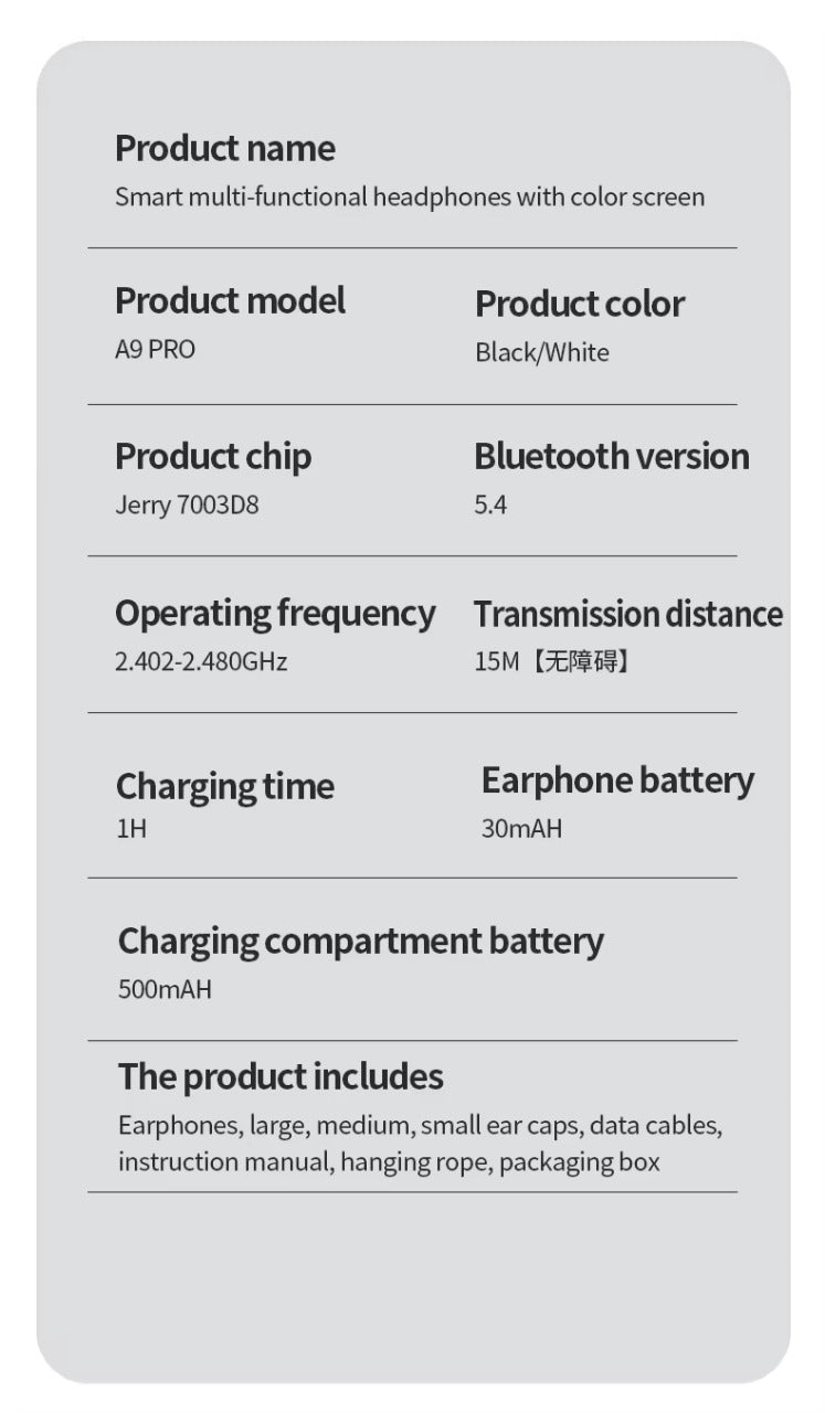 A9 Pro Smart Bluetooth Headset with Color Touch Screen, ENC/ANC, 36H Battery